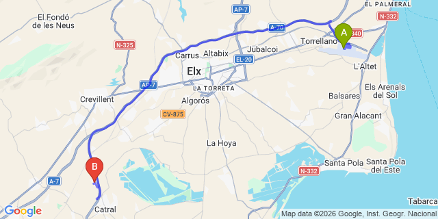 Map: Alicante Airport (ALC) to Crevillente (Marjal)