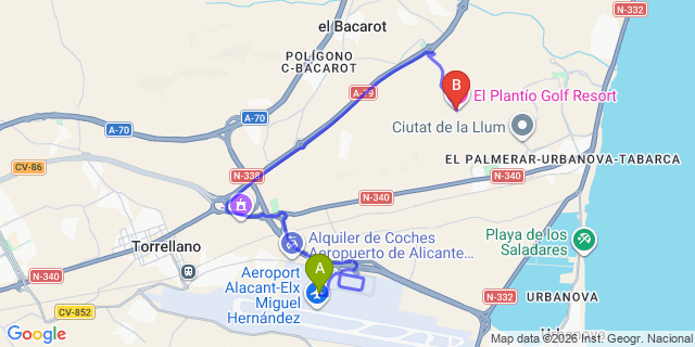 Map: Alicante Airport (ALC) to El plantio Golf Resort