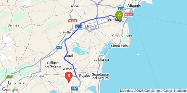 Map: Alicante Airport (ALC) to Finca Algorfa Club Hotel