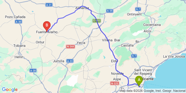 Map: Alicante Airport (ALC) to Fuente-Álamo (Albacete)