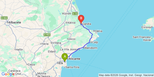 Map: Alicante Airport (ALC) to Gandia