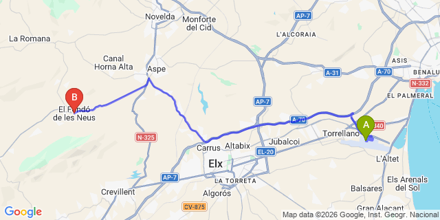 Map: Alicante Airport (ALC) to Hondon De Las Nieves
