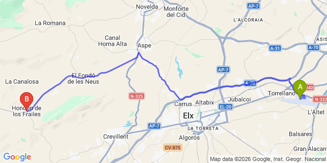 Map: Alicante Airport (ALC) to Hondon De Los Frailes