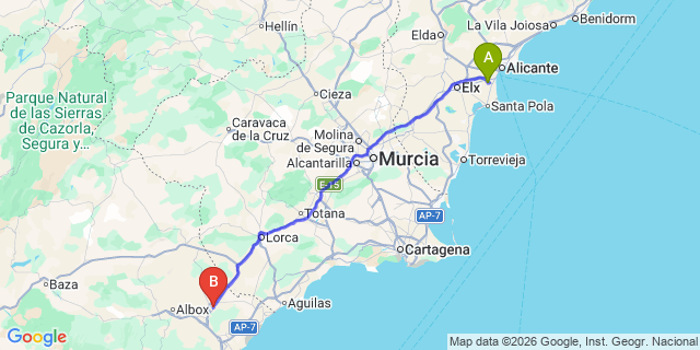 Map: Alicante Airport (ALC) to Huercal Overa