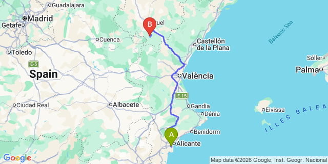 Map: Alicante Airport (ALC) to Javalambre Ski Resort
