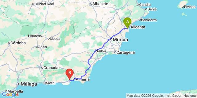 Map: Alicante Airport (ALC) to La Envía (Almería)