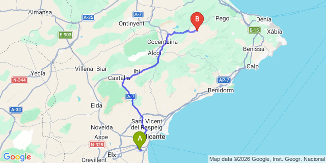 Map: Alicante Airport (ALC) to La Vall d’Alcalà