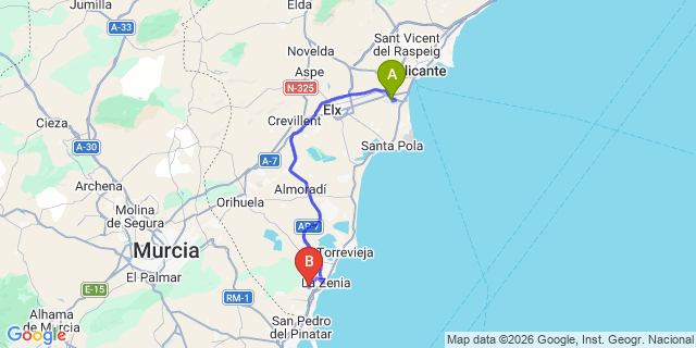Map: Alicante Airport (ALC) to Las Ramblas De Orihuela Golf Resort