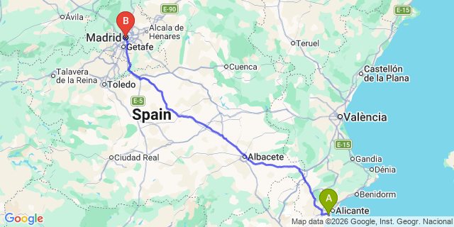 Map: Alicante Airport (ALC) to Madrid city (all areas)