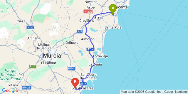 Map: Alicante Airport (ALC) to Mar Menor Golf Villaje