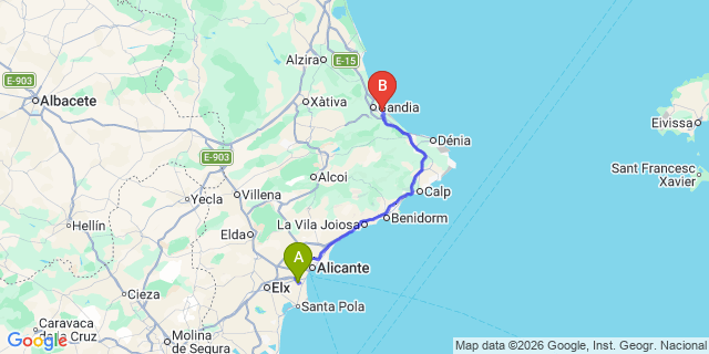 Map: Alicante Airport (ALC) to Miramar (Valencia)