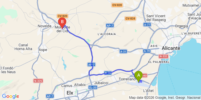 Map: Alicante Airport (ALC) to Monforte Del Cid