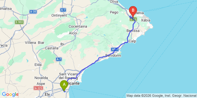 Map: Alicante Airport (ALC) to Muntanya de la Sella