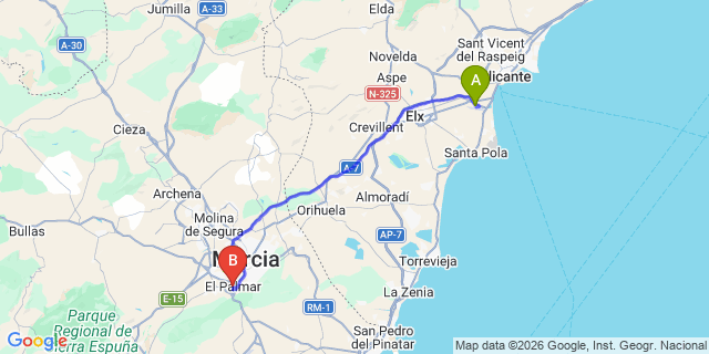 Map: Alicante Airport (ALC) to Murcia (El Palmar)