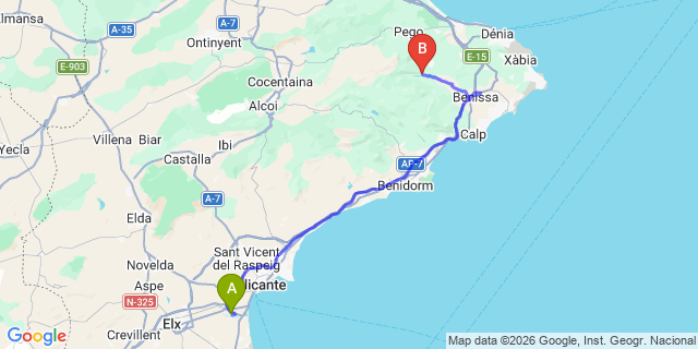 Map: Alicante Airport (ALC) to Murla (Alicante)