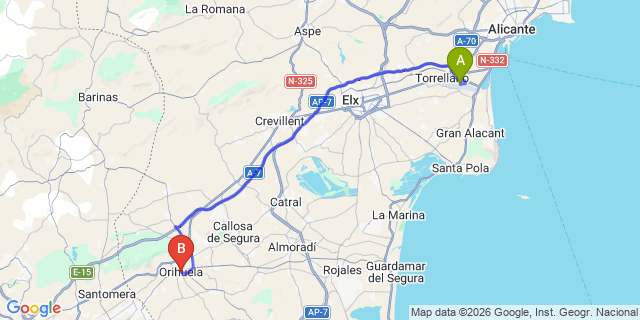 Map: Alicante Airport (ALC) to Orihuela Town