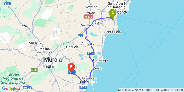 Map: Alicante Airport (ALC) to Peraleja Golf Resort (Sucina)