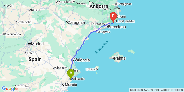 Map: Alicante Airport (ALC) to Pineda de Mar (Barcelona)