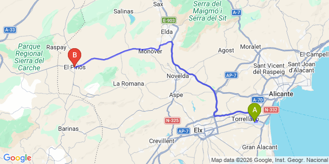 Map: Alicante Airport (ALC) to Pinoso