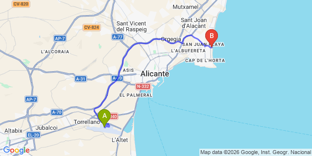 Map: Alicante Airport (ALC) to Playa de San Juan