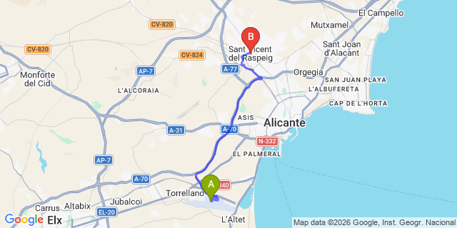 Map: Alicante Airport (ALC) to San Vicente del Raspeig