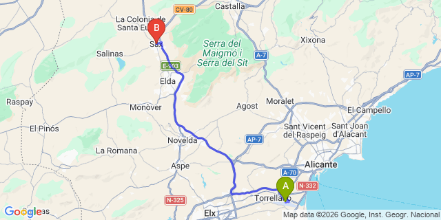 Map: Alicante Airport (ALC) to Sax
