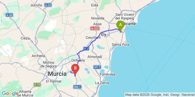 Map: Alicante Airport (ALC) to Urb. Monte Blanco (Murcia)