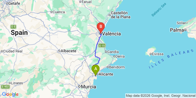 Map: Alicante Airport (ALC) to Valencia
