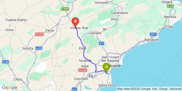Map: Alicante Airport (ALC) to Villena