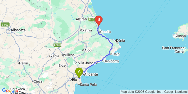 Map: Alicante Airport (ALC) to Xeraco Playa