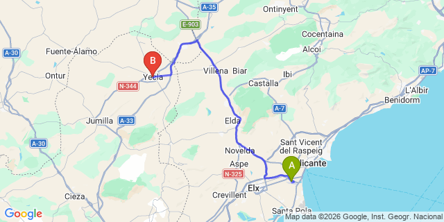 Map: Alicante Airport (ALC) to Yecla