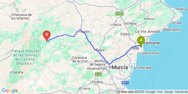 Map: Alicante Airport (ALC) to Yeste