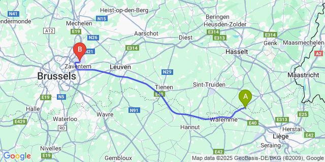 Map: Brussels Zaventem Airport (BRU) to Otrange