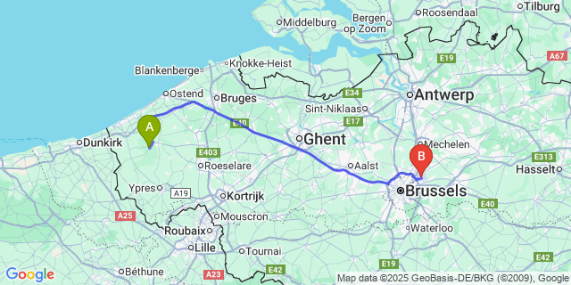 Map: Brussels Zaventem Airport (BRU) to Oudekapelle