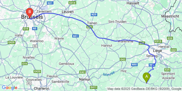 Map: Brussels Midi Train Station to Ouffet
