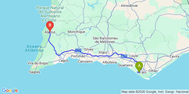 Map: Faro Airport (FAO) to Aljezur
