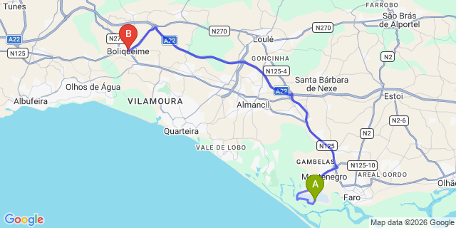 Map: Faro Airport (FAO) to Boliqueime