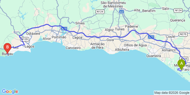 Map: Faro Airport (FAO) to Burgau