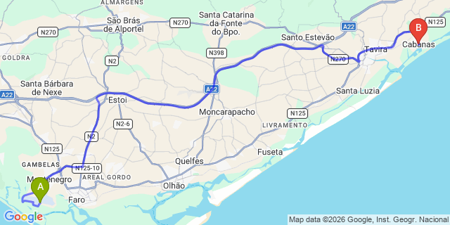Map: Faro Airport (FAO) to Cabanas