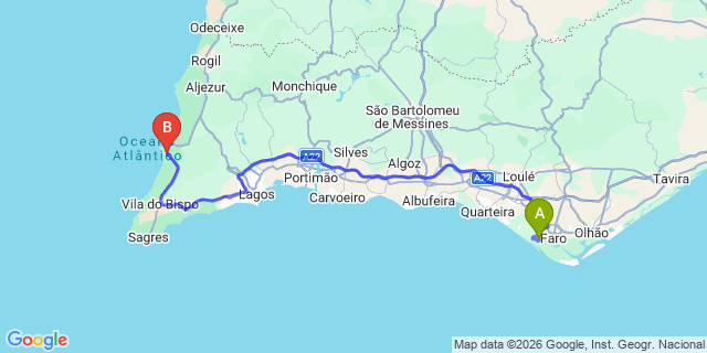 Map: Faro Airport (FAO) to Carrapateira