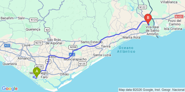 Map: Faro Airport (FAO) to Castro Marim