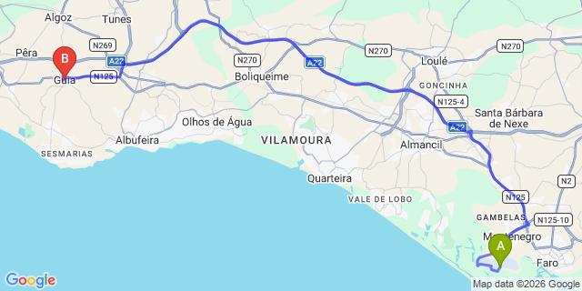Map: Faro Airport (FAO) to Guia