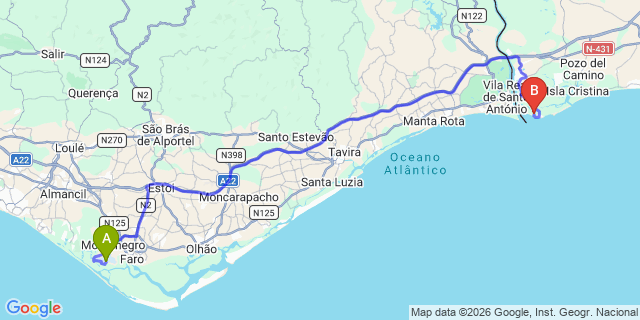 Map: Faro Airport (FAO) to Isla Canela