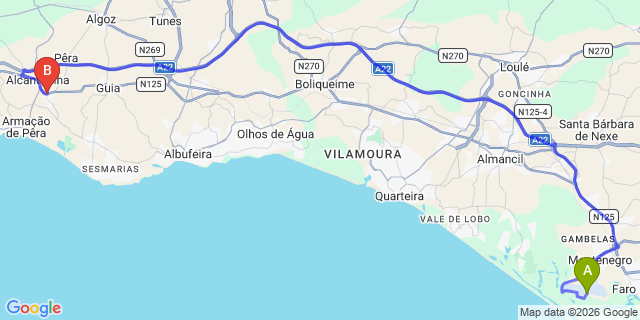 Map: Faro Airport (FAO) to Jardins de Pera