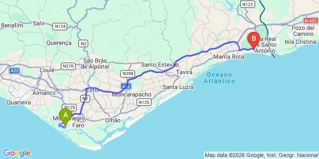 Map: Faro Airport (FAO) to Montegordo