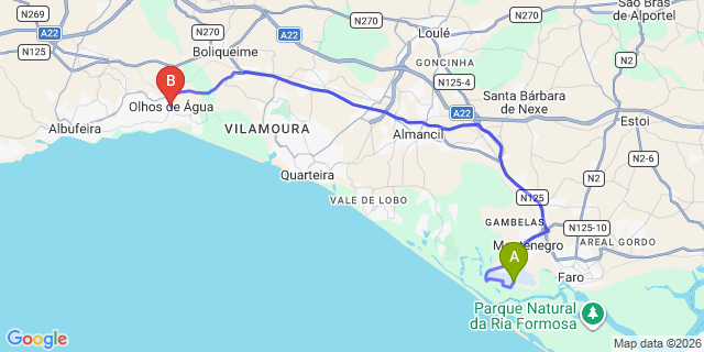 Map: Faro Airport (FAO) to Olhos de Agua