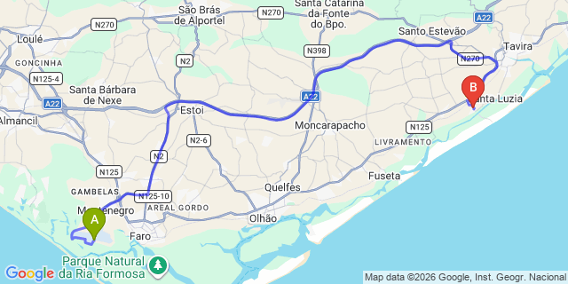 Map: Faro Airport (FAO) to Pedras del Rei