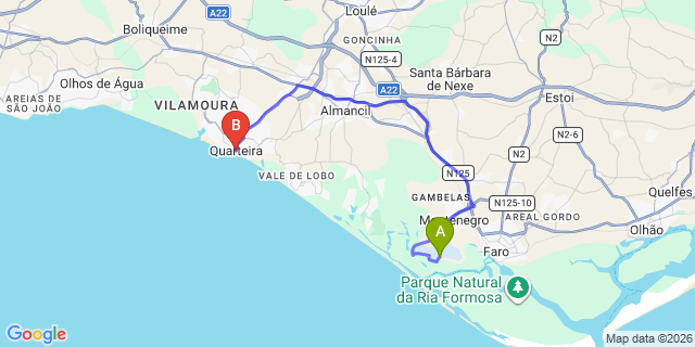 Map: Faro Airport (FAO) to Quarteira