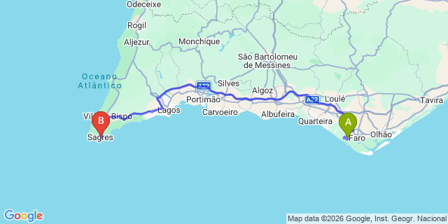 Map: Faro Airport (FAO) to Sagres