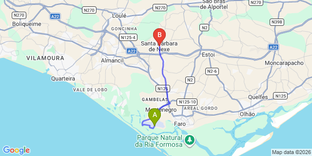 Map: Faro Airport (FAO) to Santa Barbara de Nexe